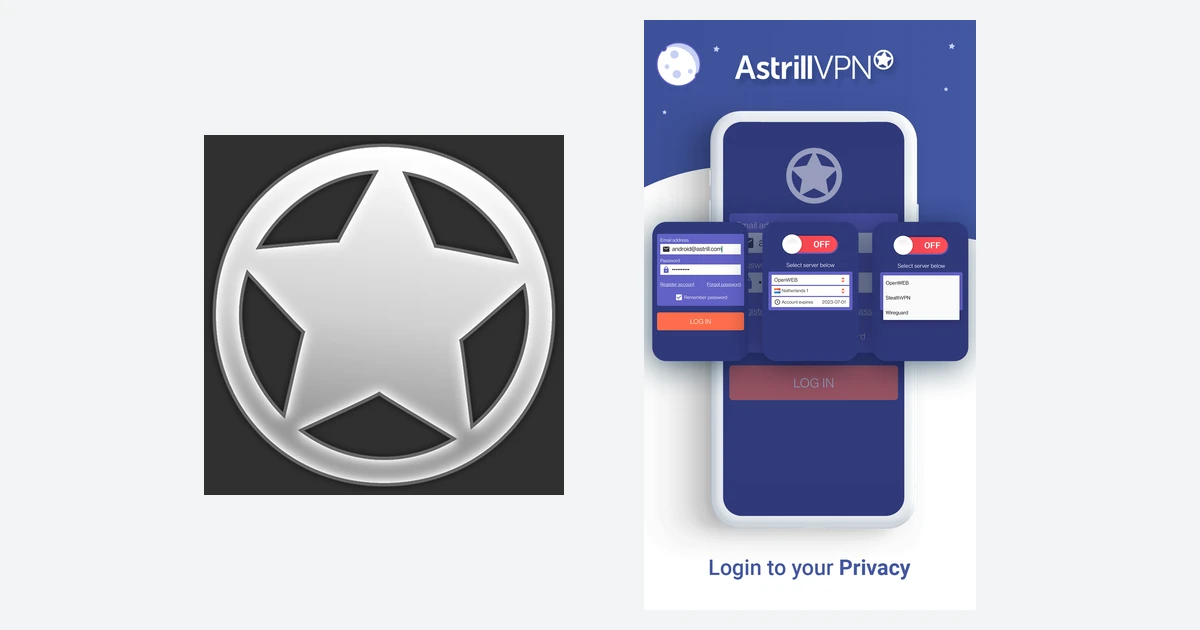 Astrill VPN app icon beside the Android app login screen