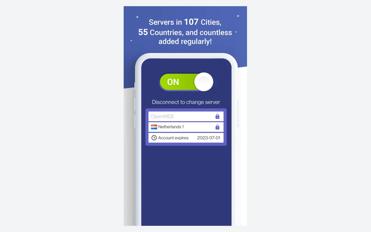 Astrill VPN Android app switched ON with the OpenWEB protocol selected and a Netherlands 1 server