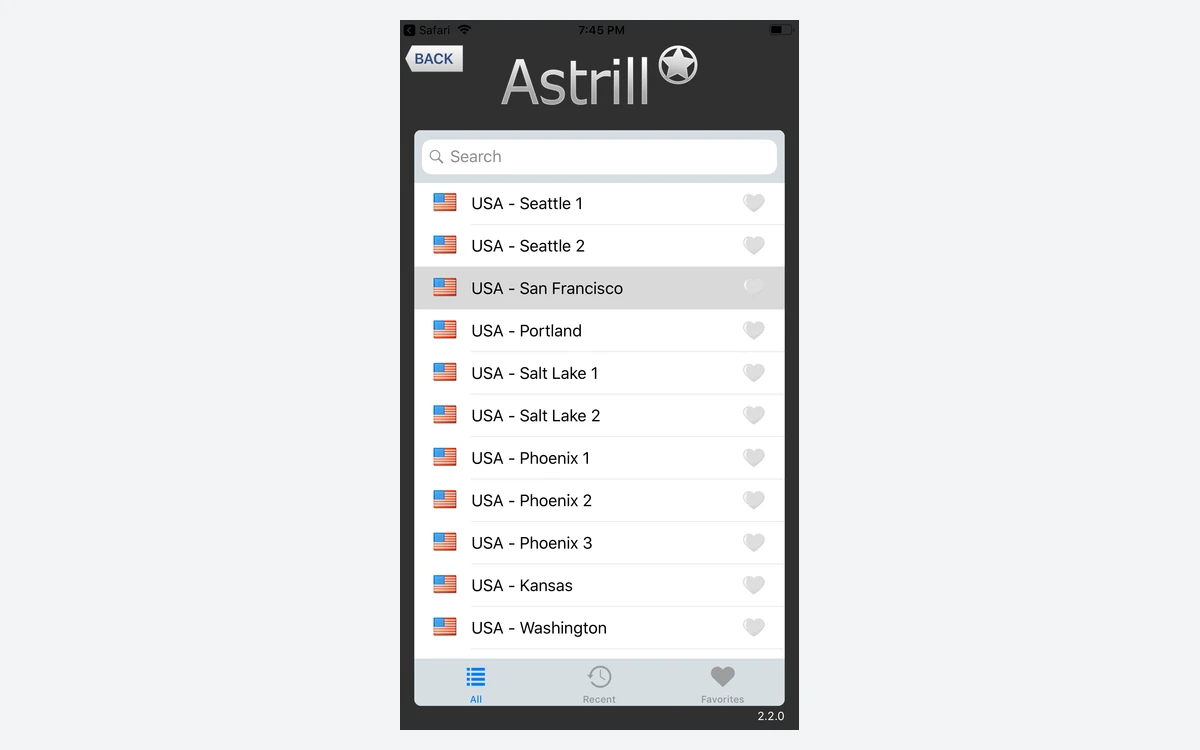 Astrill iOS app server list showing countries and cities to connect to