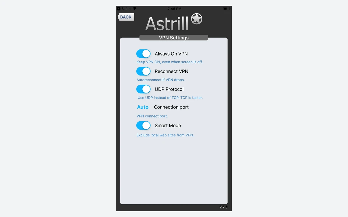 Astrill iOS VPN settings screen with toggles for Always On, Reconnect, UDP and Smart Mode