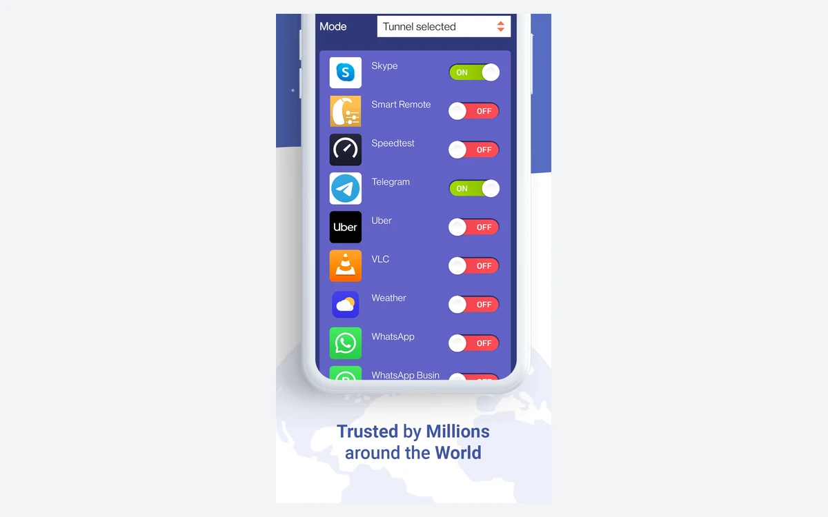 Astrill Android app split-tunnelling screen set to Tunnel selected, with a list of installed apps to choose from