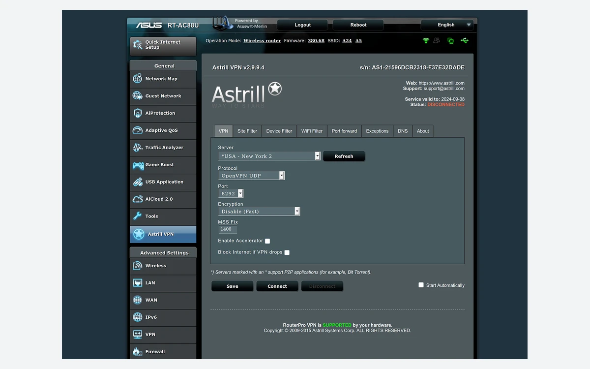 Astrill router applet on an ASUS RT-AC88U running Merlin firmware, showing an OpenVPN UDP connection with Site Filter and Port forward tabs