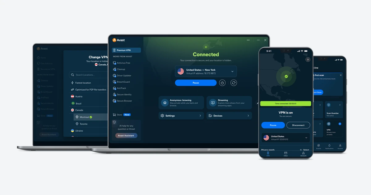 Avast SecureLine VPN, now Avast Premium VPN in Avast One, running on a laptop, desktop and phone