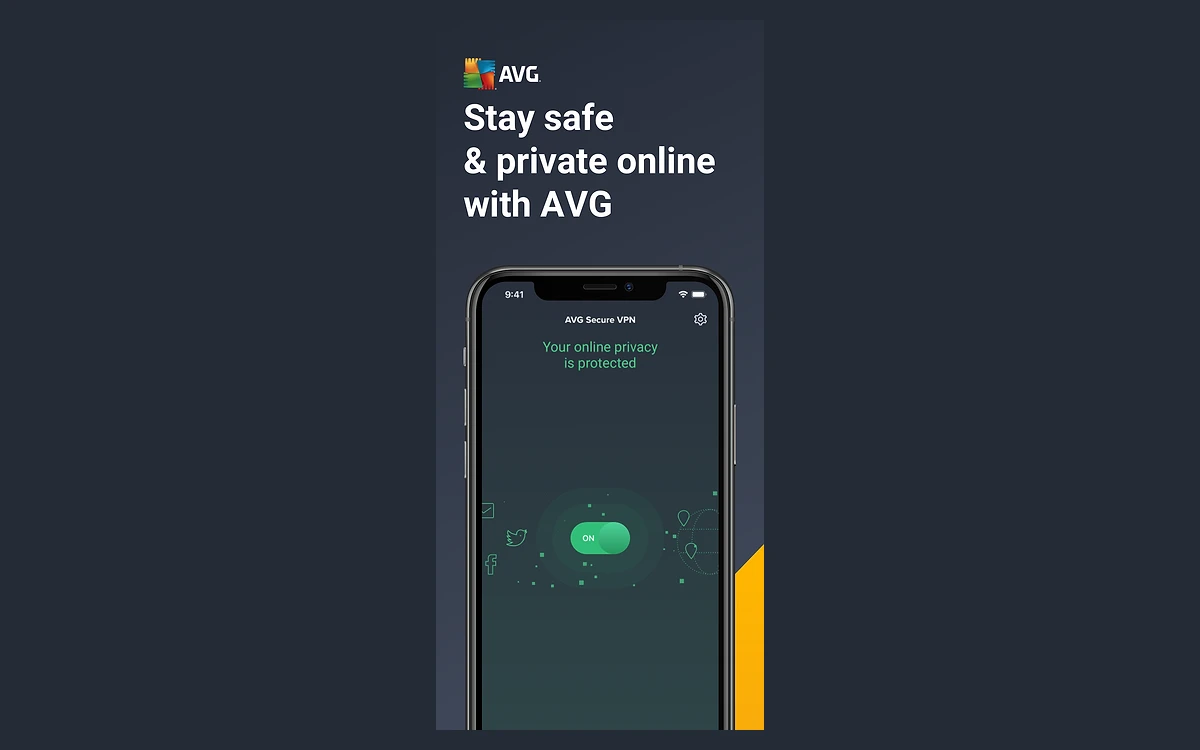 AVG Secure VPN iOS app main screen with a large ON toggle and the message that your online privacy is protected
