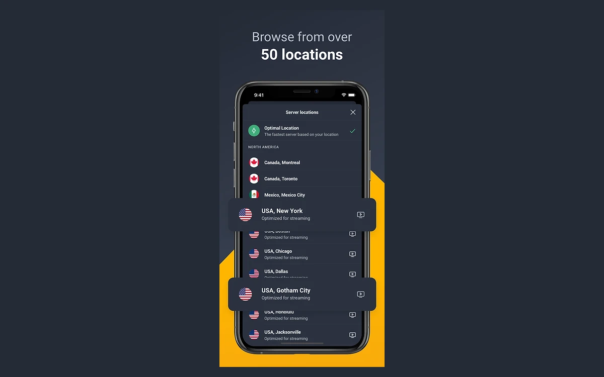 AVG Secure VPN iOS server location list with Optimized for streaming tags