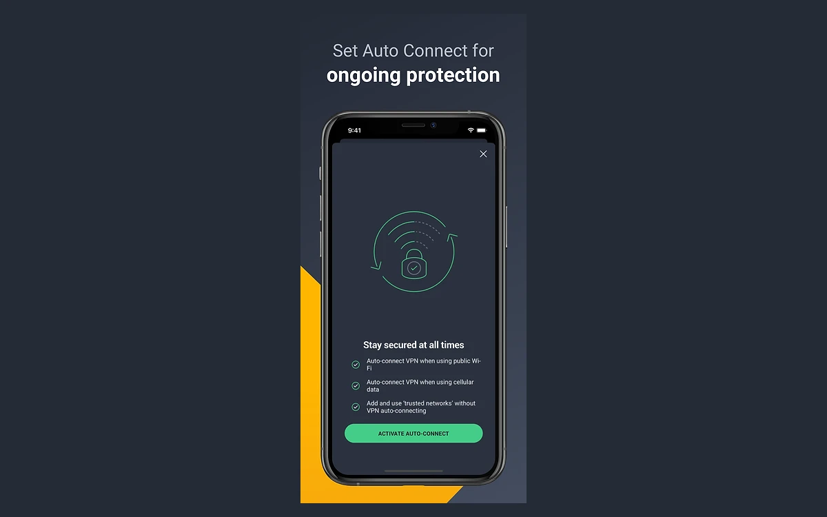 AVG Secure VPN iOS settings screen for auto-connect and trusted networks
