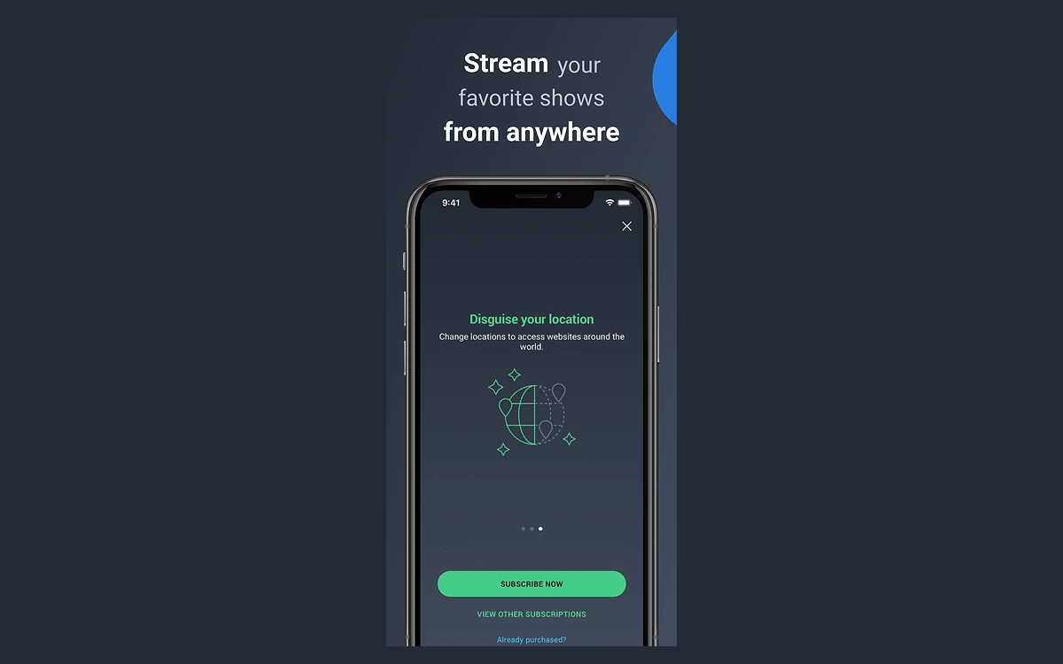 AVG Secure VPN iOS subscription screen titled Disguise your location with a Subscribe now button, under the headline Stream your favorite shows from anywhere