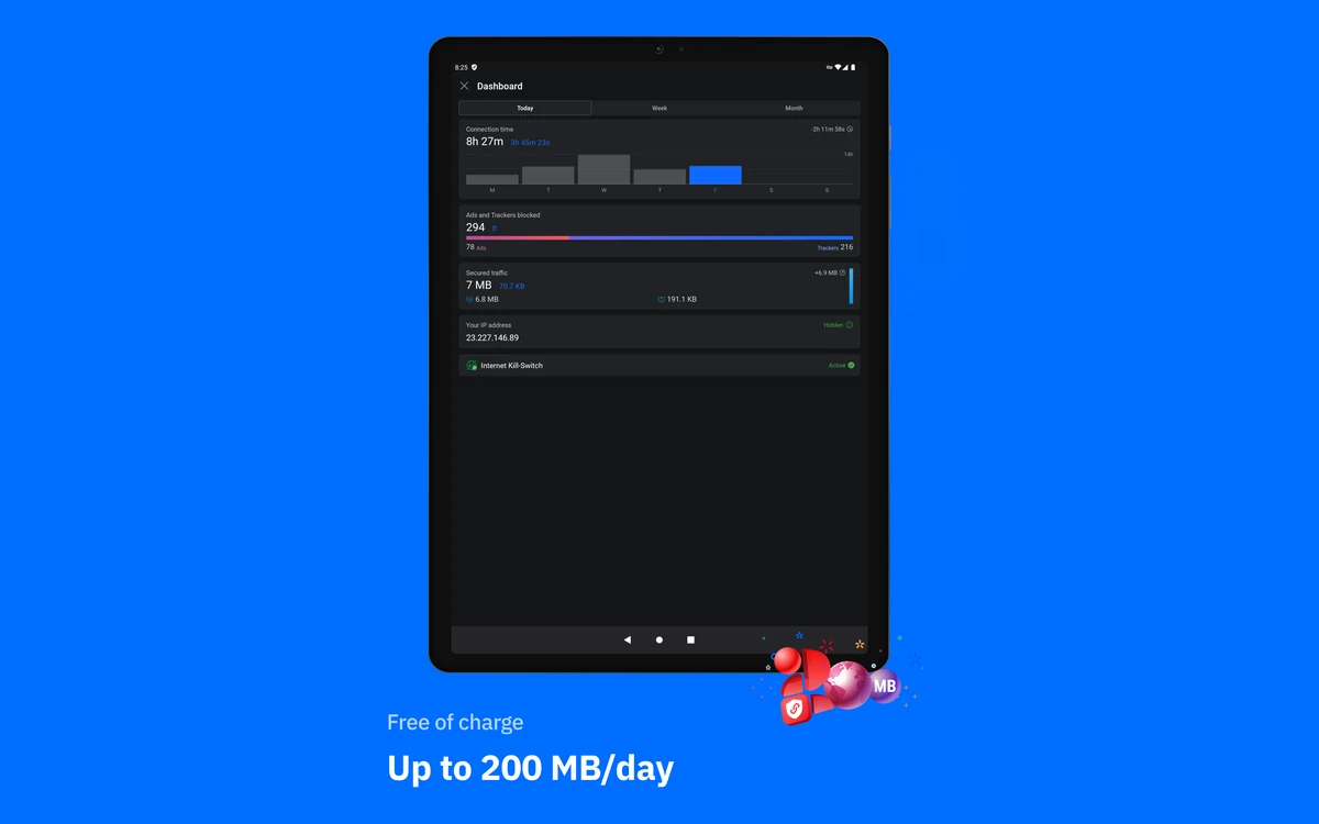 Bitdefender VPN Android dashboard showing connection time, ads and trackers blocked, secured traffic, hidden IP address and Internet Kill-Switch active