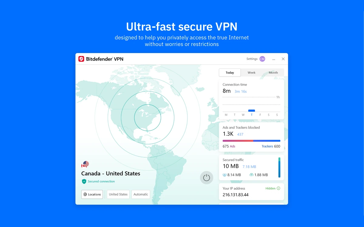 Bitdefender VPN Windows app main window with a map, Automatic location, Connect button, connection time, ad and tracker blocking and Activate Kill-Switch option