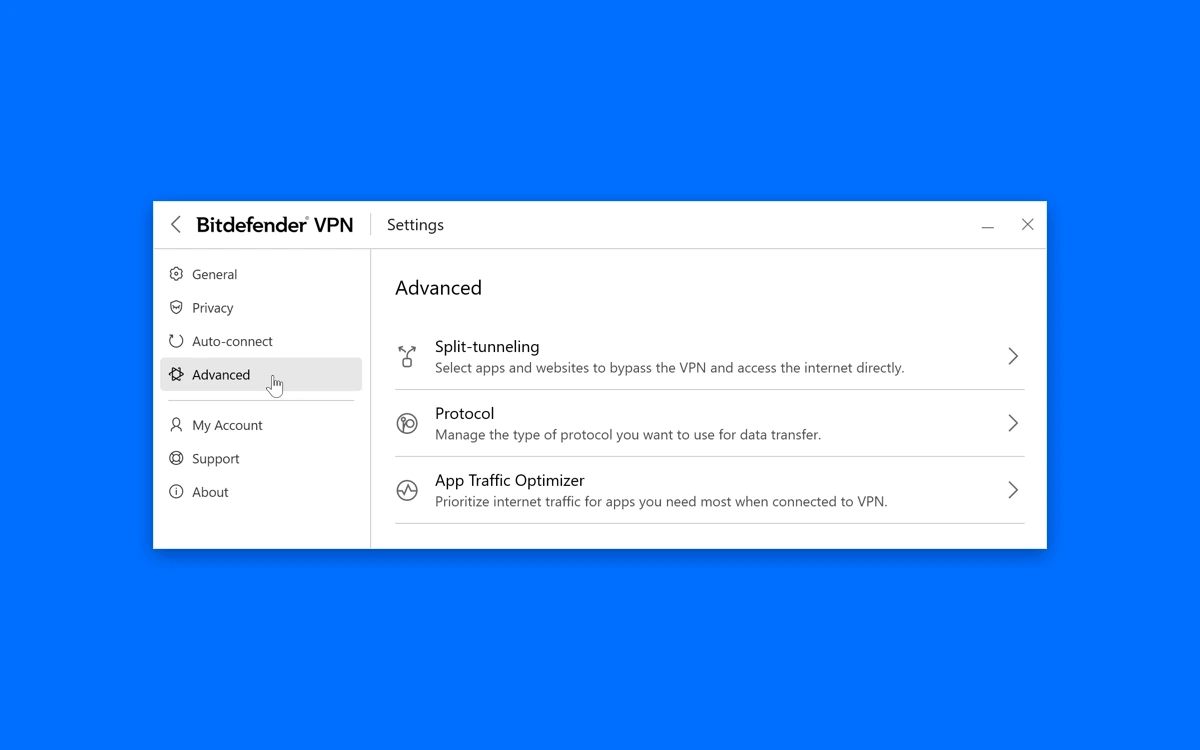 Bitdefender VPN Windows Advanced settings listing Split-tunneling, Protocol and App Traffic Optimizer