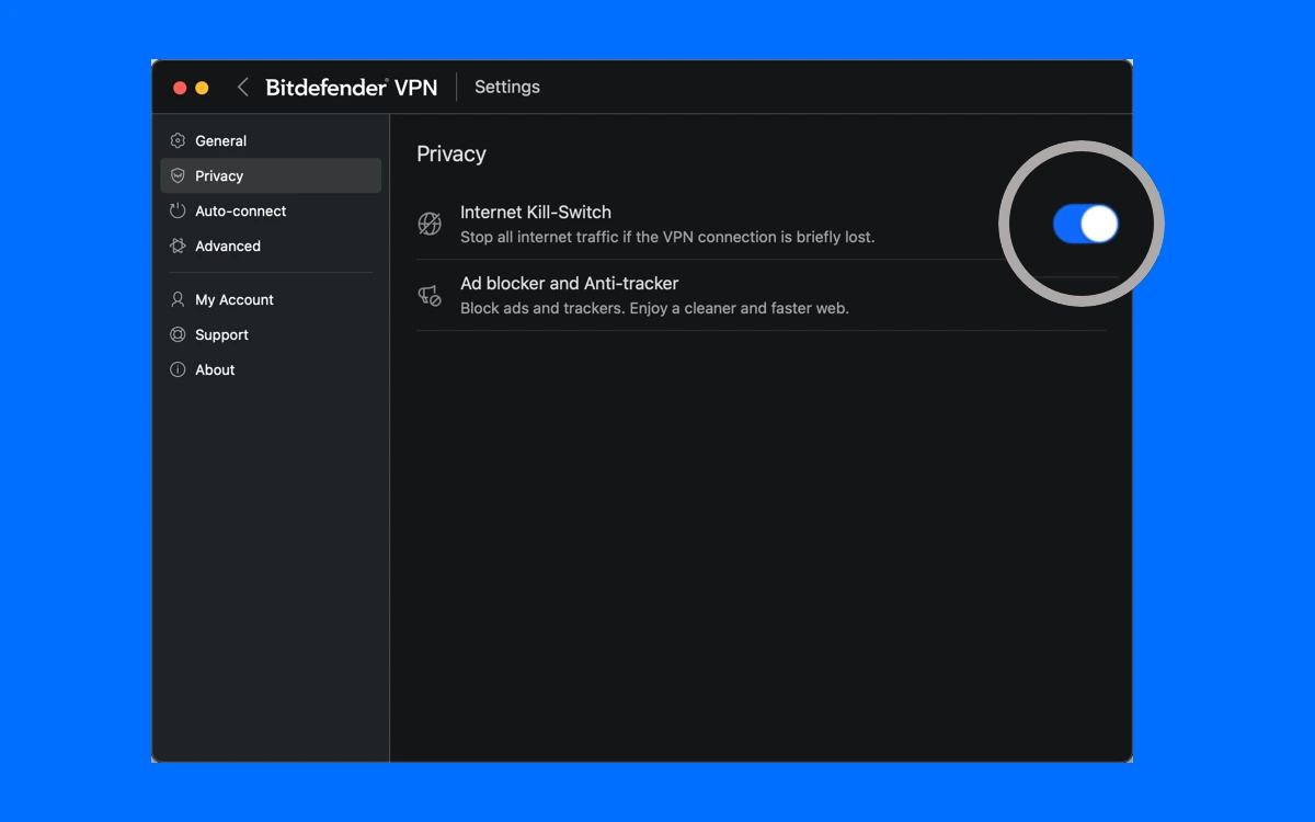 Bitdefender VPN macOS Privacy settings with Internet Kill-Switch switched on and Ad blocker and Anti-tracker option