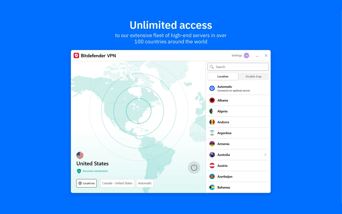 Bitdefender VPN Windows app with the Locations list open showing countries from Czech Republic to Indonesia