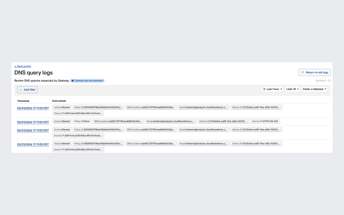 Cloudflare Zero Trust logs screen listing DNS queries with column and filter controls