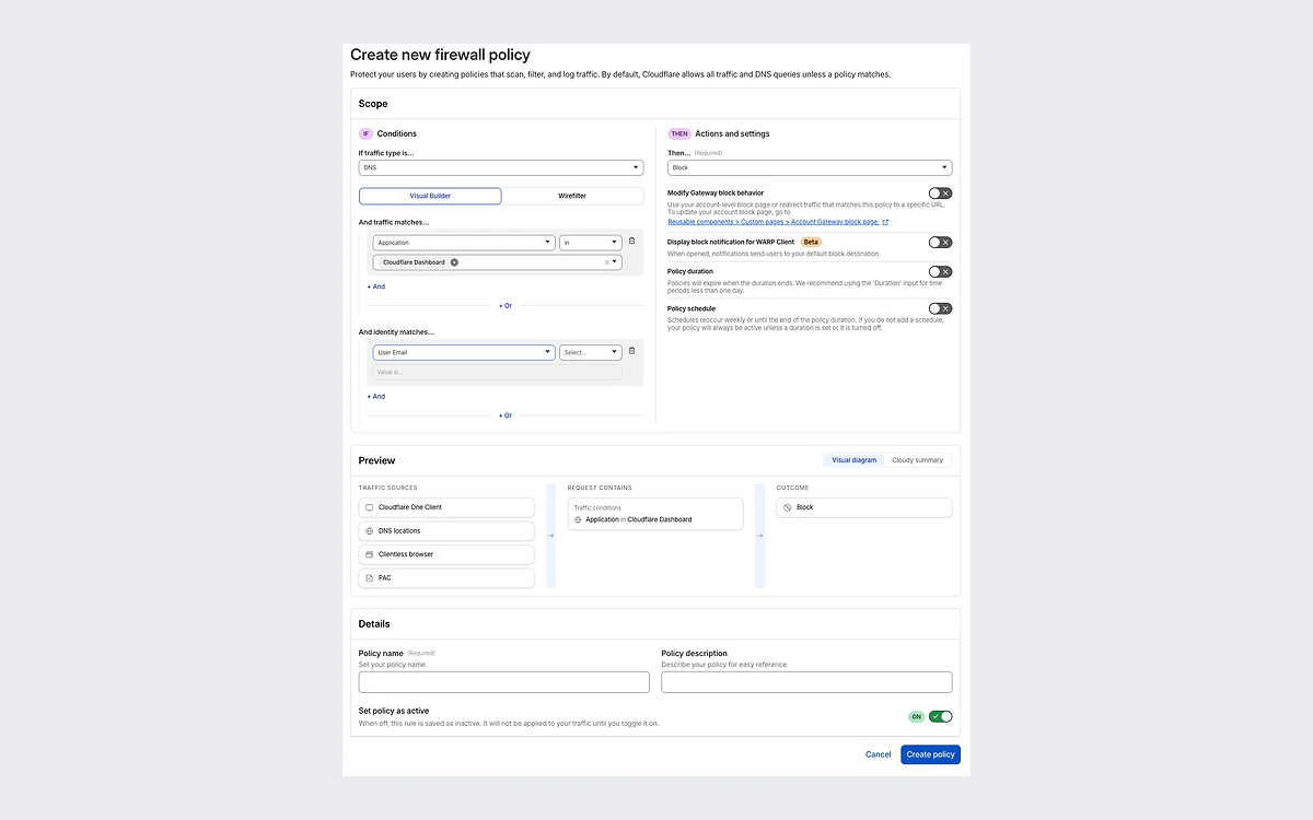 Cloudflare Gateway policy rule builder with traffic, identity and action fields