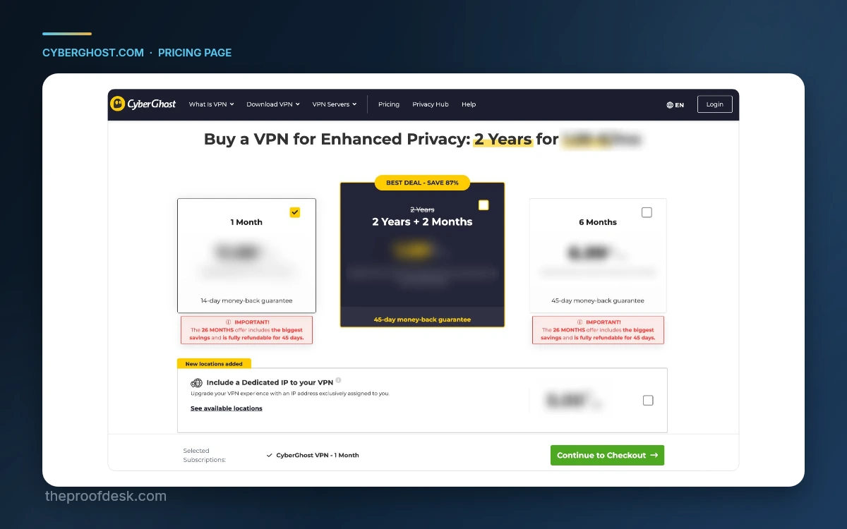 CyberGhost pricing page showing the 1 Month, 2 Years plus 2 Months and 6 Months plan cards side by side with their money-back guarantee windows