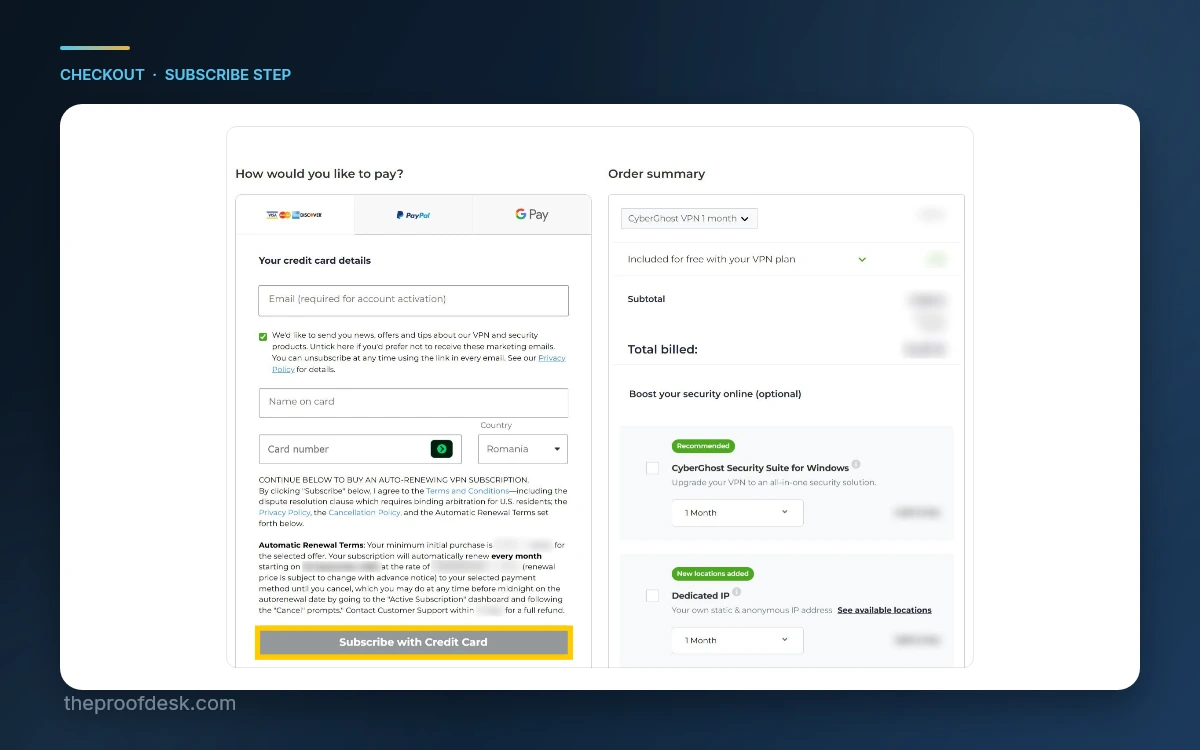 CyberGhost checkout page showing the payment step and the Subscribe button