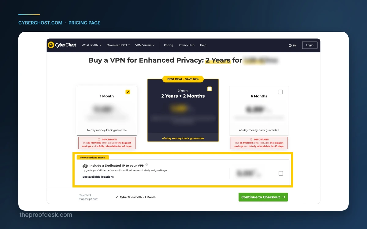 CyberGhost pricing page with the Dedicated IP add-on box highlighted during plan selection