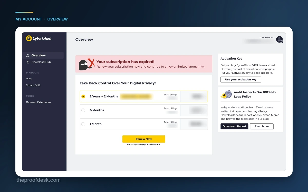 CyberGhost account dashboard Overview tab showing the current subscription and plan options