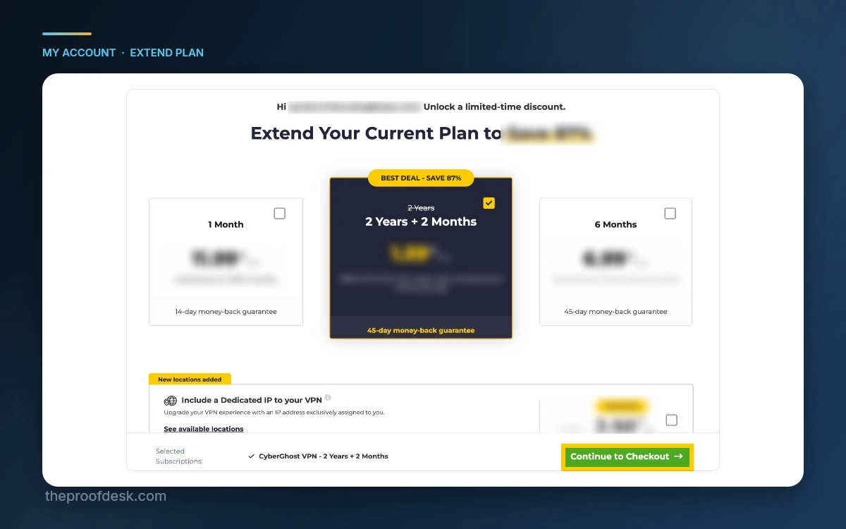 CyberGhost Extend Your Current Plan page with the option to continue to checkout