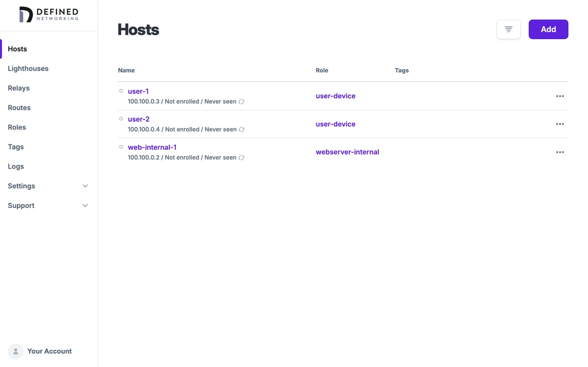 Managed Nebula admin panel host list showing a webserver and two user devices