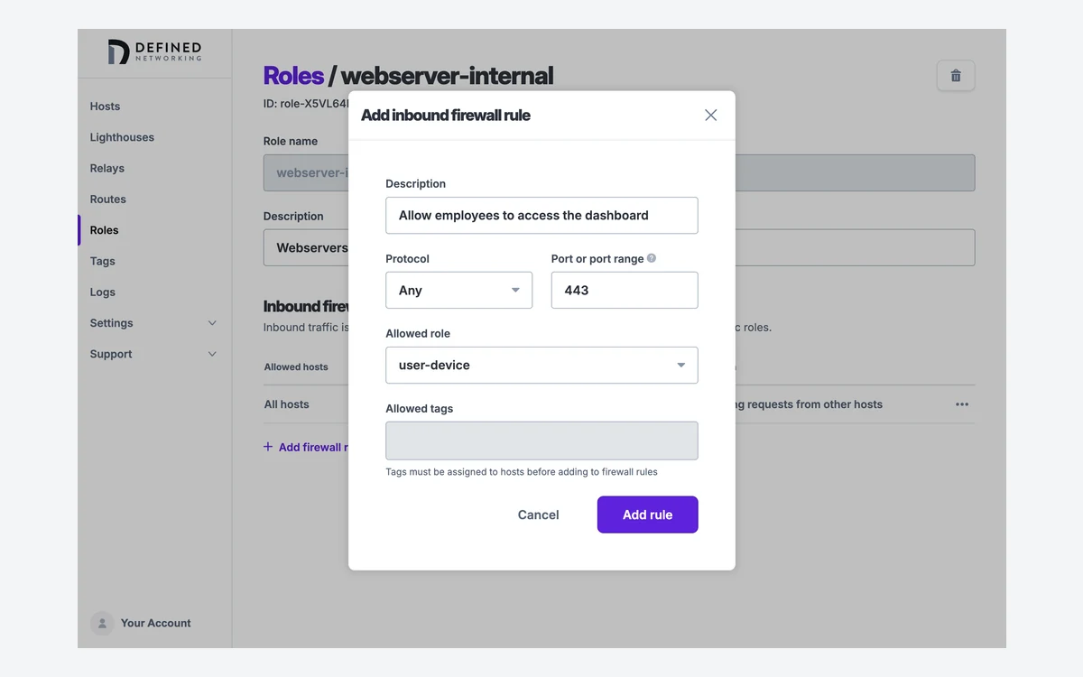 Managed Nebula form for adding an inbound firewall rule to a role