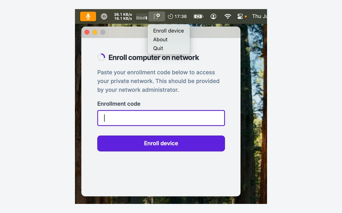 DNClient Desktop enrollment window and menu bar menu on macOS
