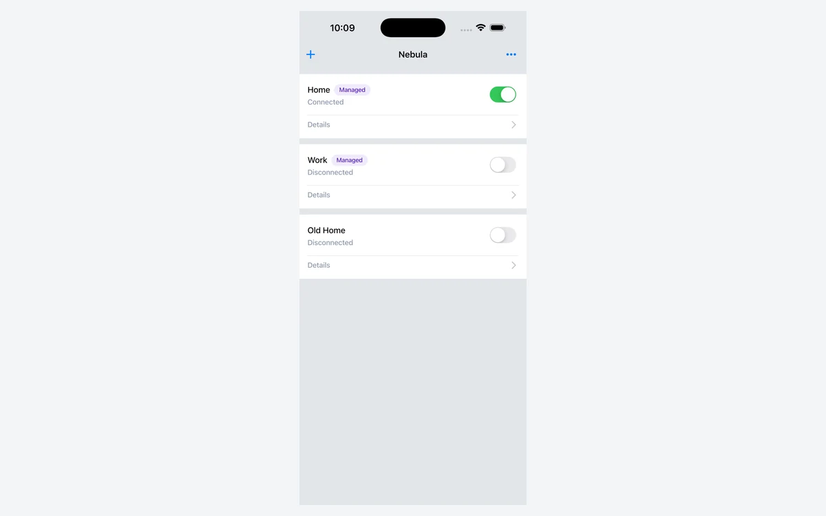Mobile Nebula iPhone app listing three networks with the managed Home network connected