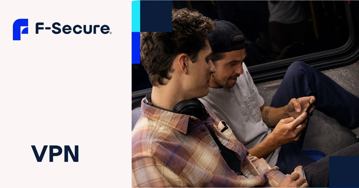 F-Secure VPN logo beside two people on a bus looking at a phone