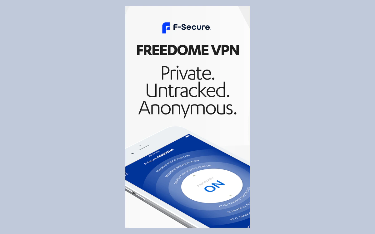Legacy F-Secure FREEDOME VPN App Store screen reading Private. Untracked. Anonymous. with protection switched ON