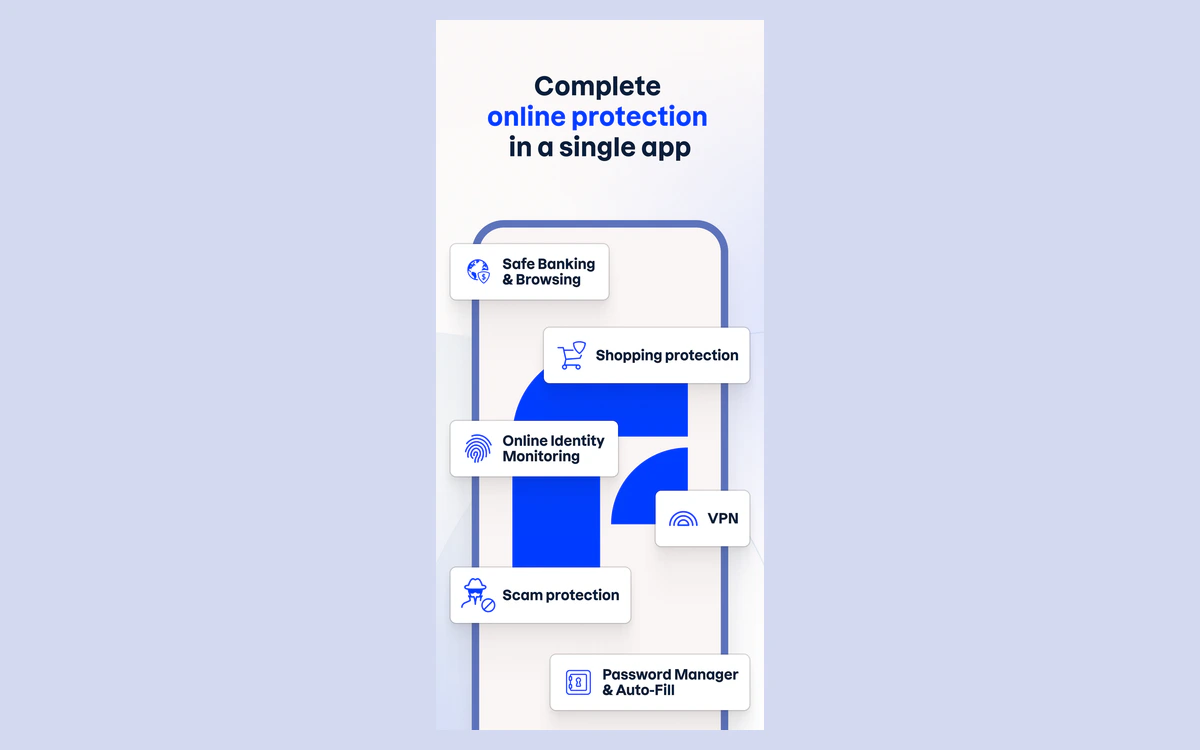 F-Secure Total app overview listing VPN, Safe Banking, Scam protection and Password Manager