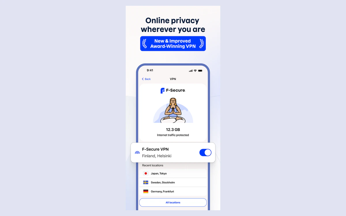 F-Secure VPN mobile screen connected to Finland, Helsinki with 12.3 GB of internet traffic protected and recent locations