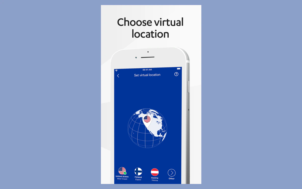 Legacy FREEDOME Choose virtual location screen with a globe and United States West Coast, Finland Espoo and Austria Vienna options