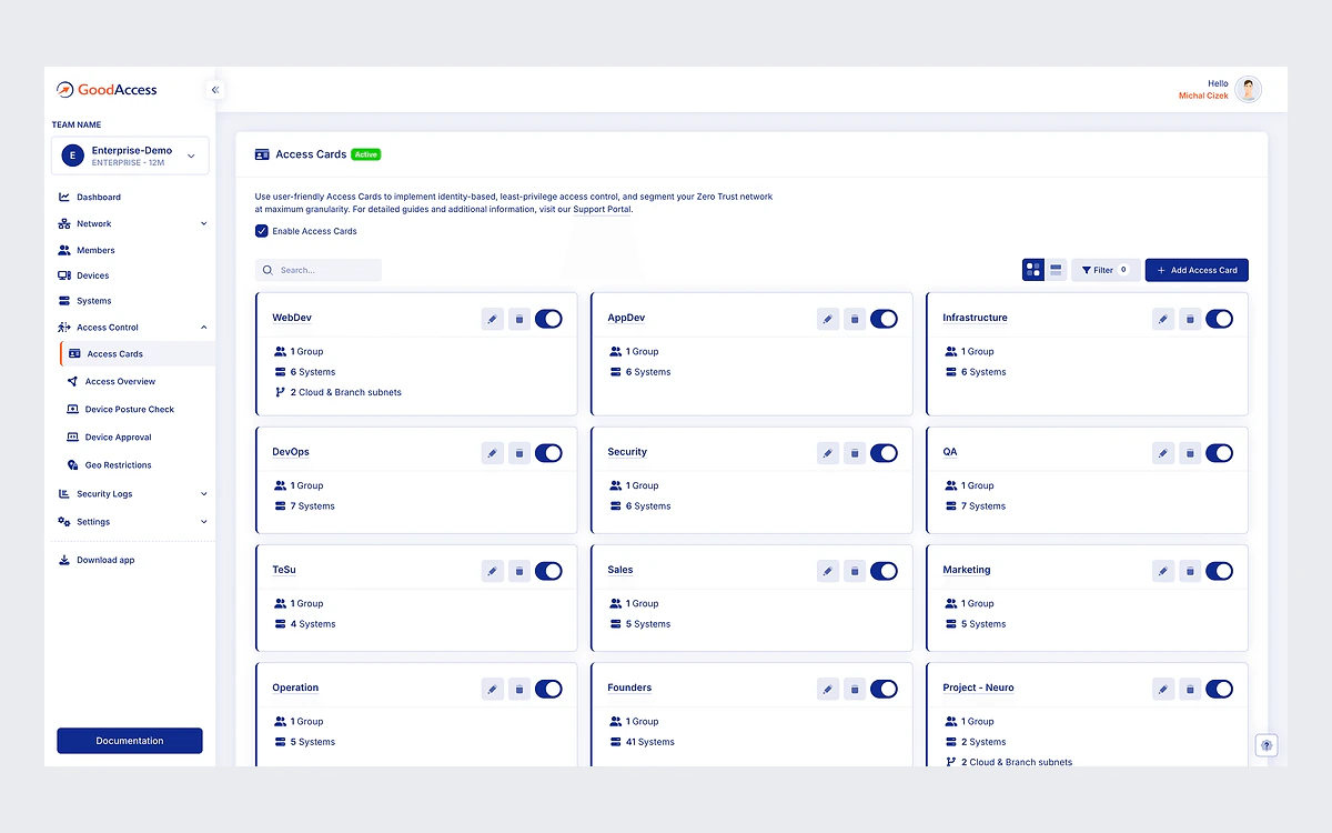 GoodAccess Access Cards grid with cards such as WebDev, DevOps and Security, each listing its groups, systems and subnets