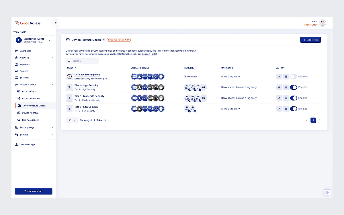GoodAccess Device Posture Check page showing four policies from a default policy to Tier 1 High, Tier 2 Moderate and Tier 3 Low, with OS icons and on-failure actions