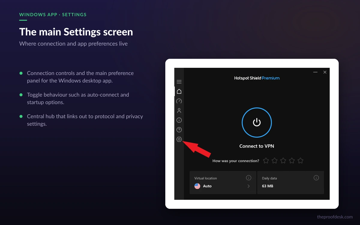 Hotspot Shield Windows app main settings screen