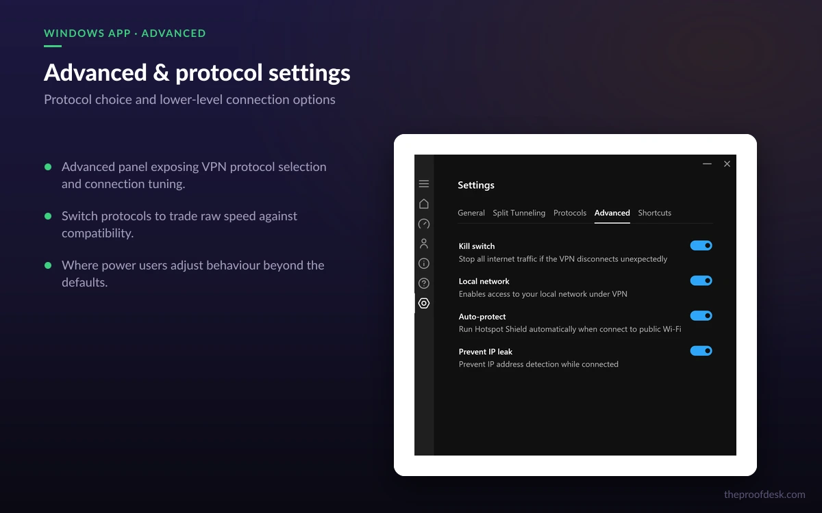 Hotspot Shield Windows app advanced protocol settings