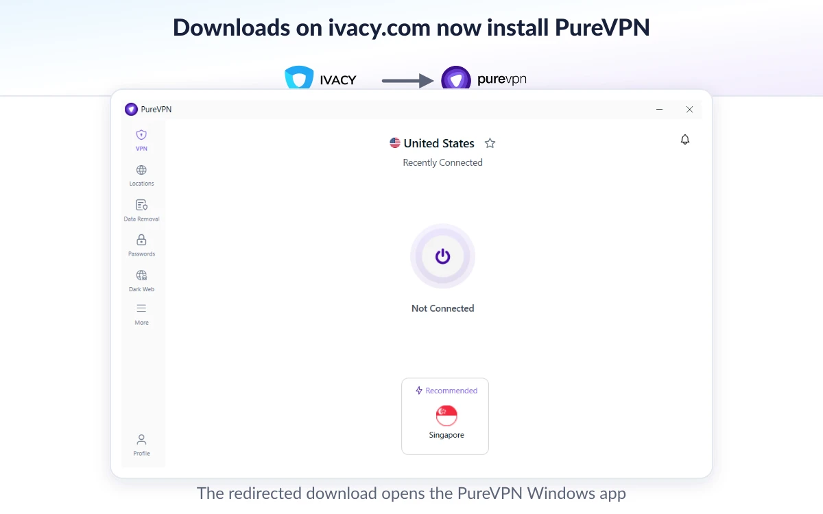 Illustration of a VPN app download screen where the Ivacy label redirects to PureVPN software