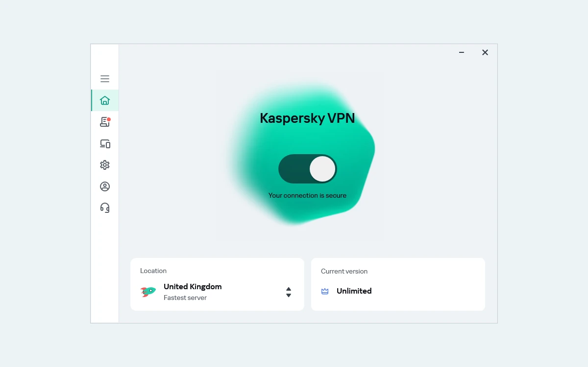 Kaspersky VPN Windows app showing a secure connection to a United Kingdom fastest server on the Unlimited version