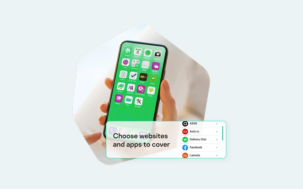 Phone screen in Kaspersky VPN listing websites and apps to cover with the VPN