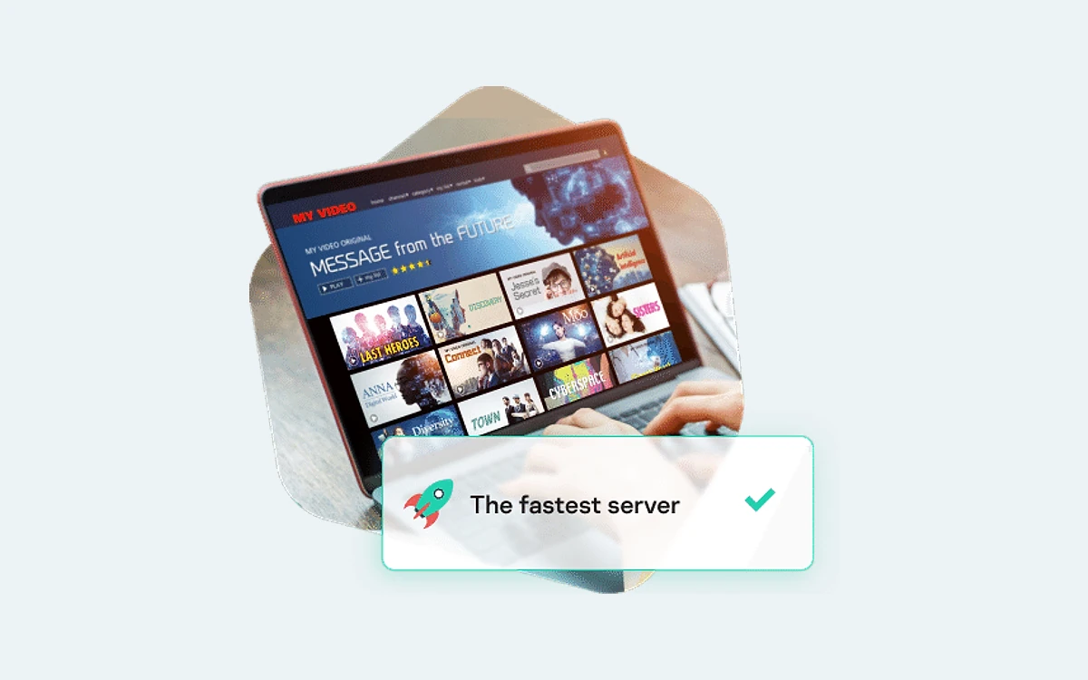 Laptop playing a streaming service with a fastest server label from Kaspersky VPN
