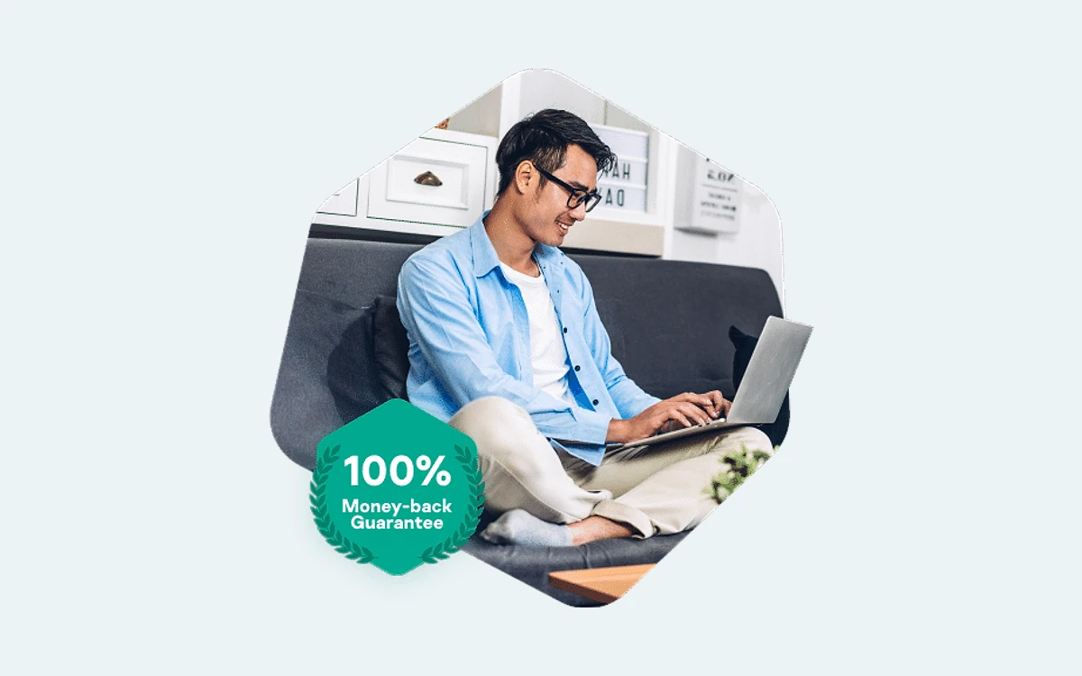 Kaspersky promotional image with a 100% money-back guarantee badge