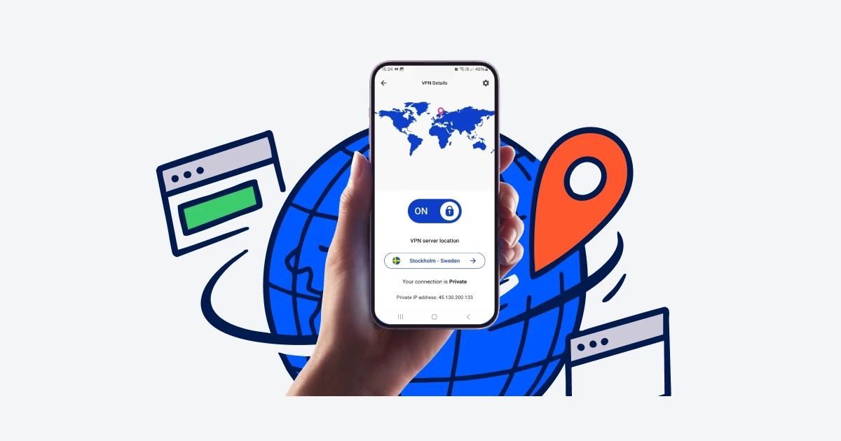 Hand holding an Android phone with the Malwarebytes VPN Details screen connected to Stockholm, Sweden