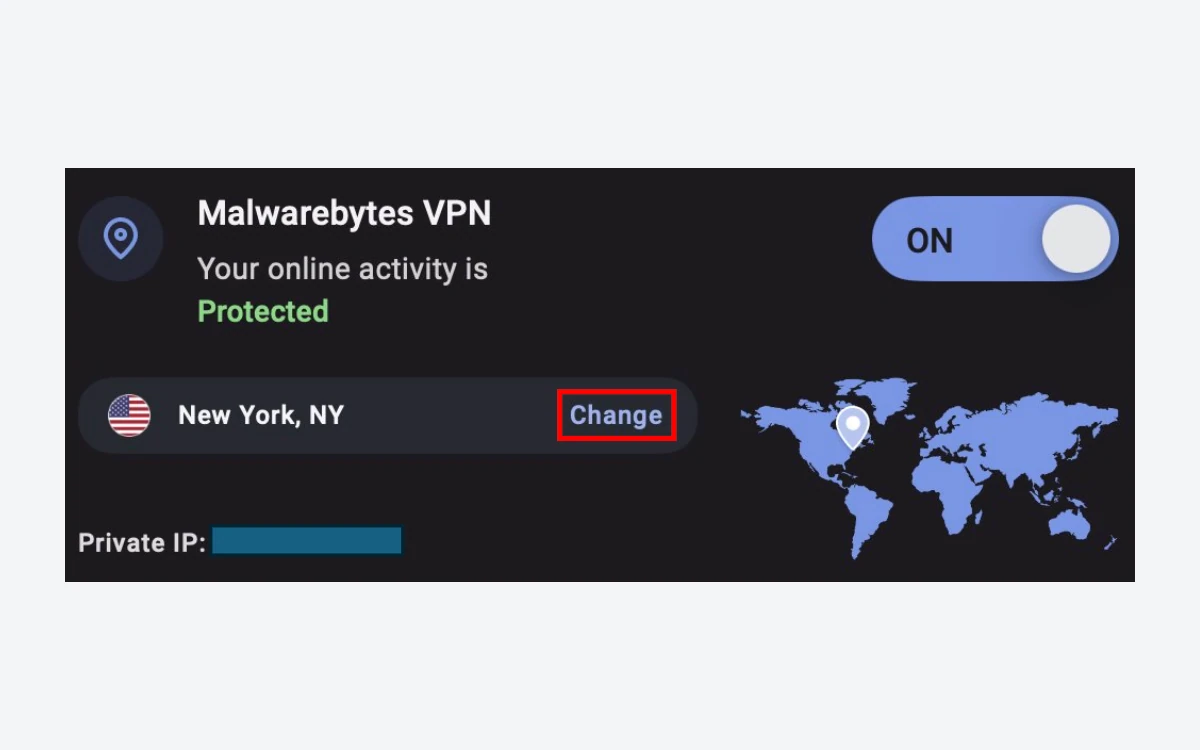 Malwarebytes Windows app VPN card showing the VPN switched on, connected to New York, with a world map