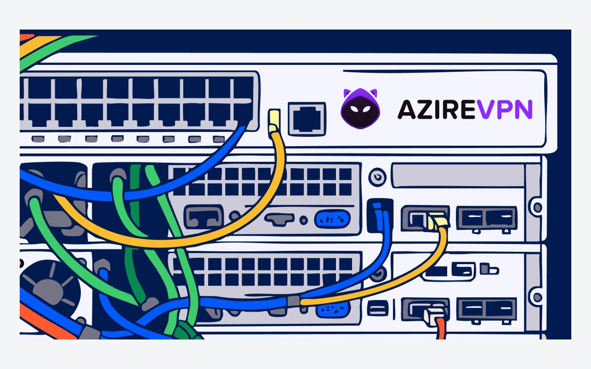 Cartoon server rack with colored network cables and an AzireVPN logo with a hooded cat mascot