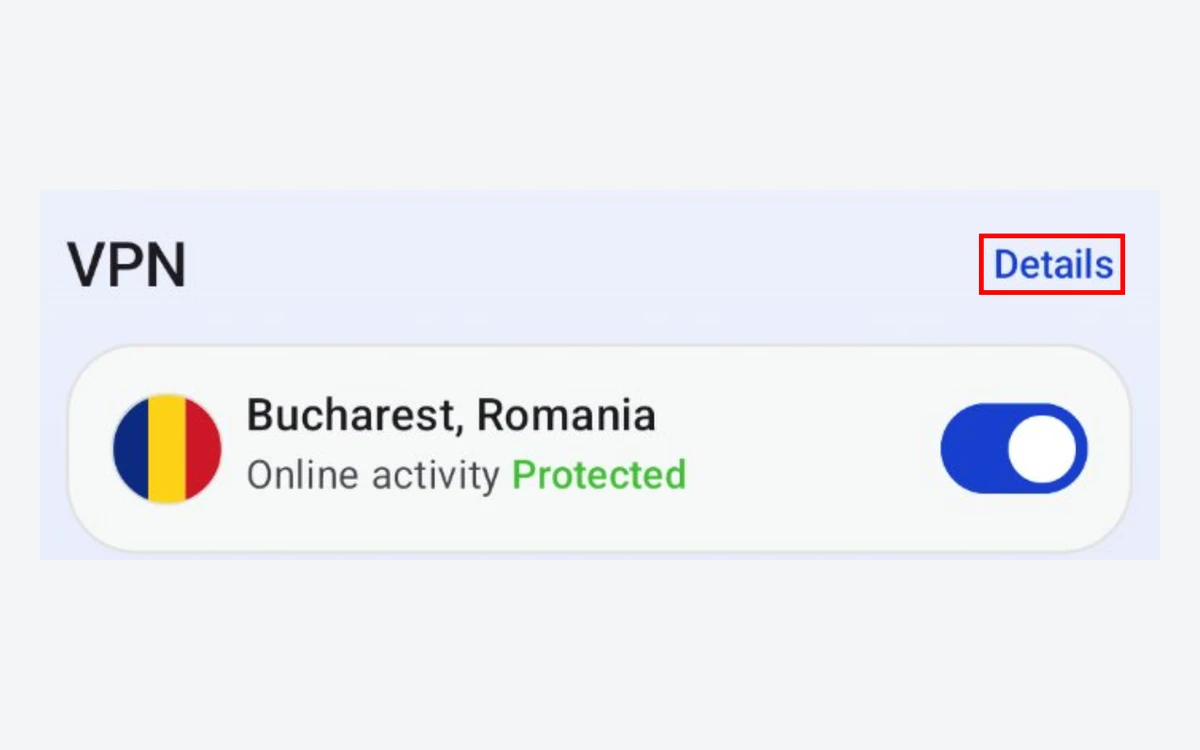 Malwarebytes mobile app VPN card connected to Bucharest, Romania, showing Online activity Protected with the toggle on