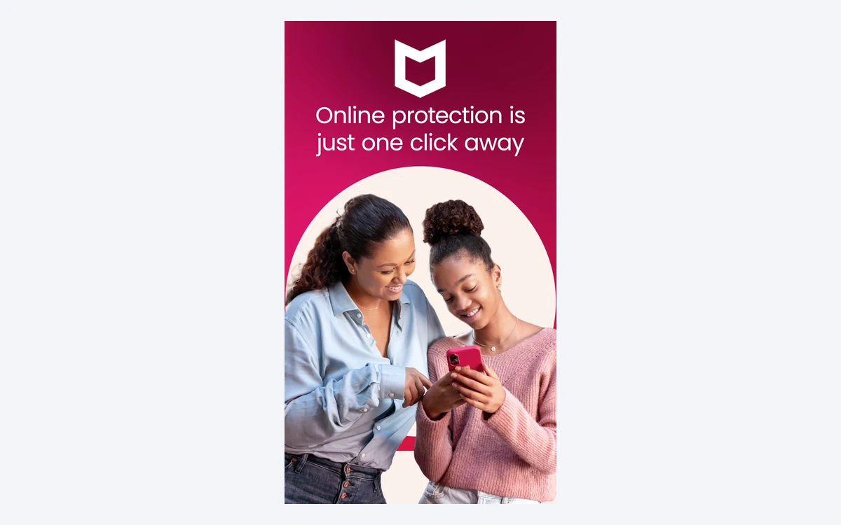 McAfee App Store screenshot reading Online protection is just one click away, with two women looking at a phone
