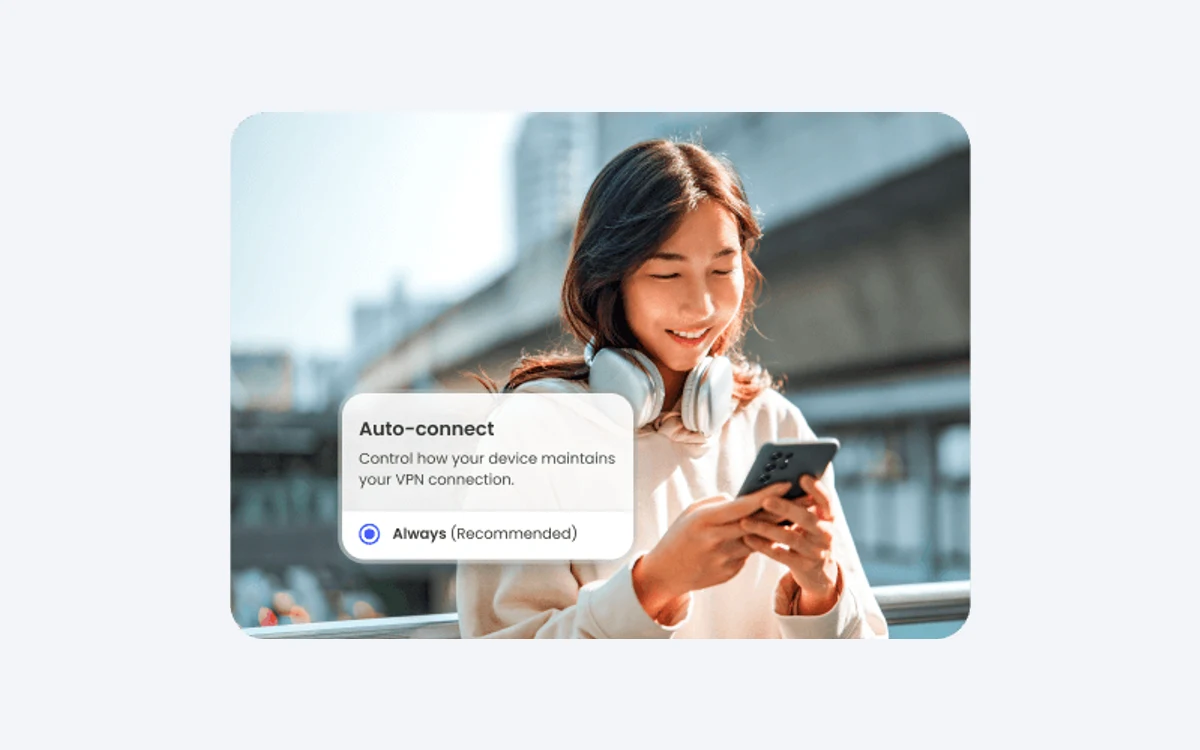 McAfee Secure VPN auto-connect setting with the option Always (Recommended) shown over a photo of a woman using her phone