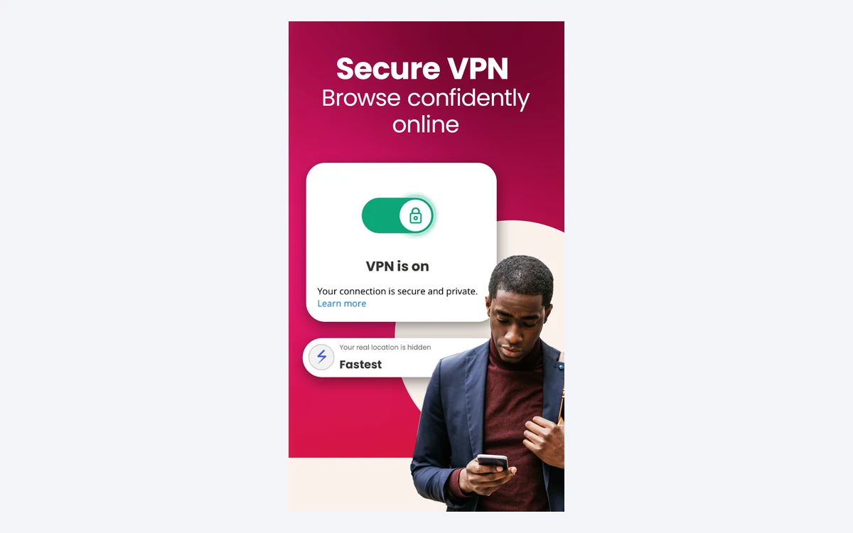McAfee mobile app screen showing Secure VPN with a green VPN is on toggle and a Fastest location card