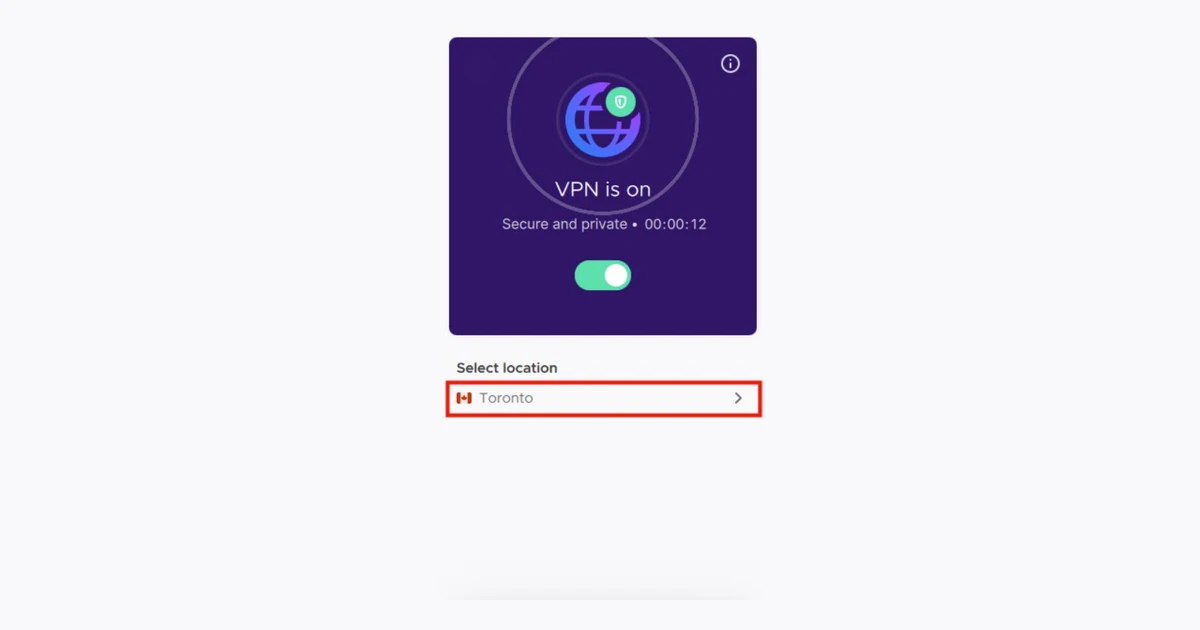 Mozilla VPN app showing VPN is on with Toronto highlighted as the selected location