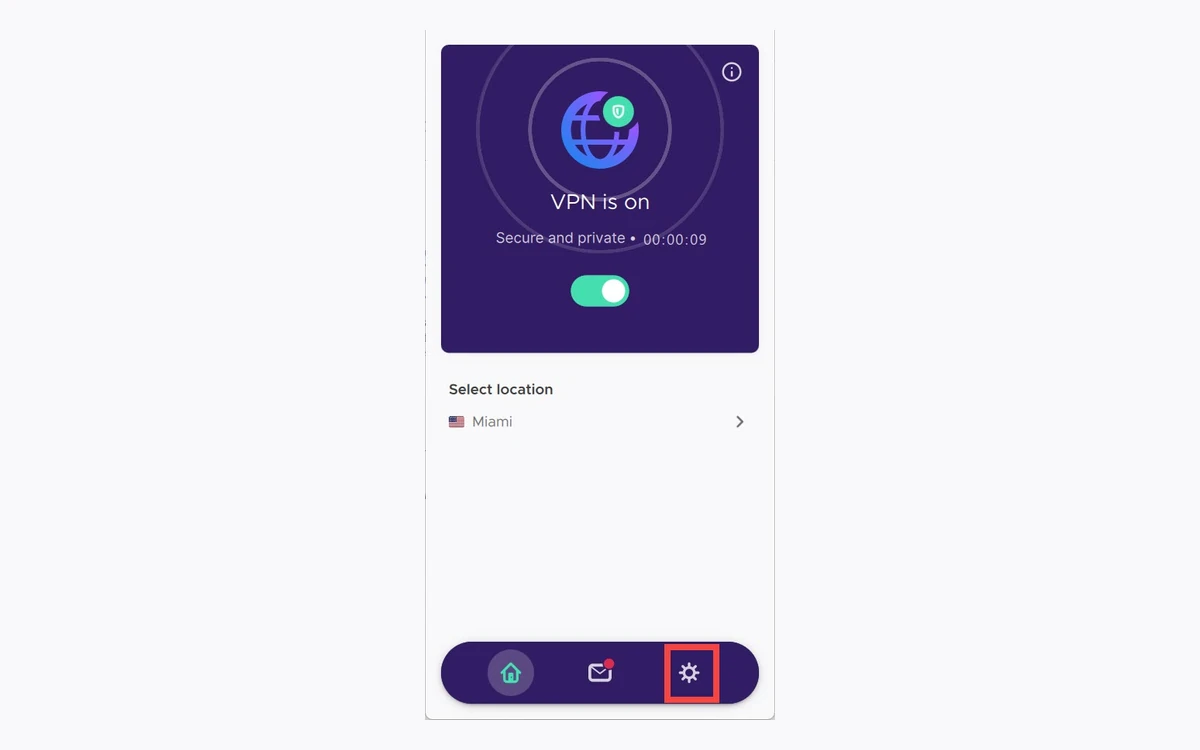 Mozilla VPN app home screen showing VPN is on, Miami selected as the location and the settings button highlighted